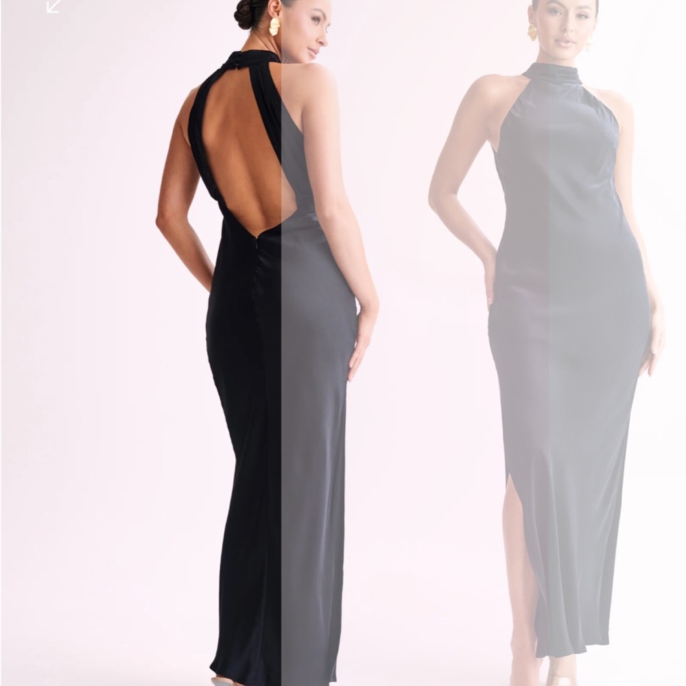 Meshki satin backless black maxi dress halter neck